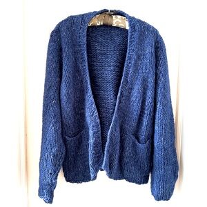 Hand knit cardigan sweater, blue heather wool